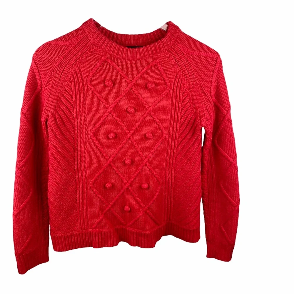 J Crew Red Wool Popcorn Knit Pom Pom Sweater XXS - Picture 3 of 8